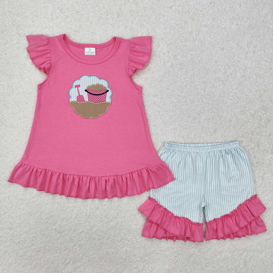 GSSO1785 Beach Embroidery Pink Top Stripes Shorts Girls Summer Clothes Set