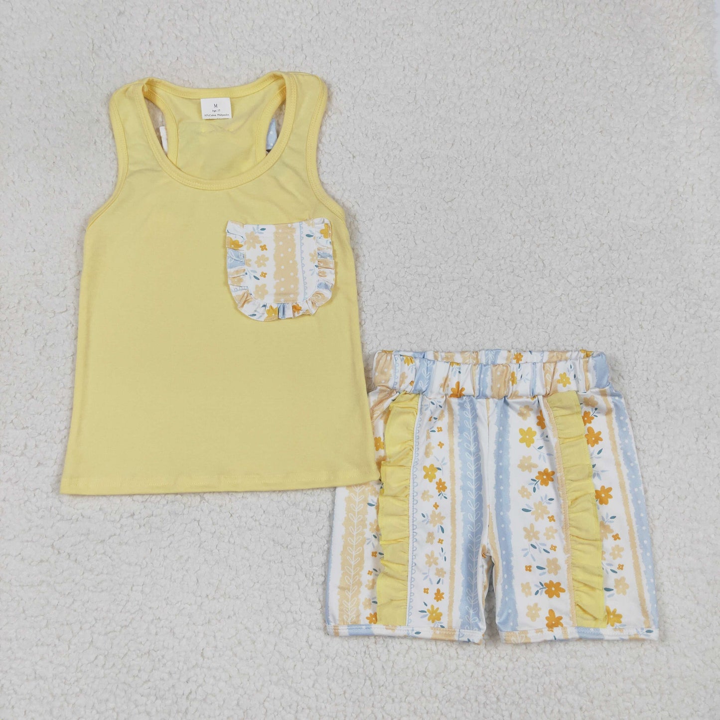 GSSO1788 Yellow Vest Top Flowers Shorts Girls Summer Clothes Set