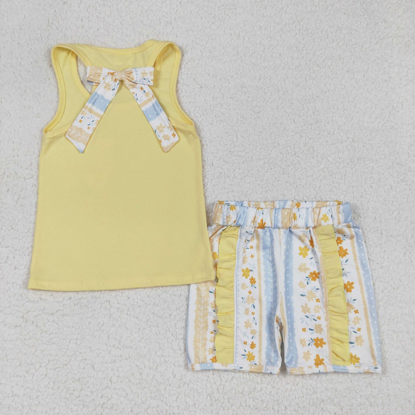 GSSO1788 Yellow Vest Top Flowers Shorts Girls Summer Clothes Set