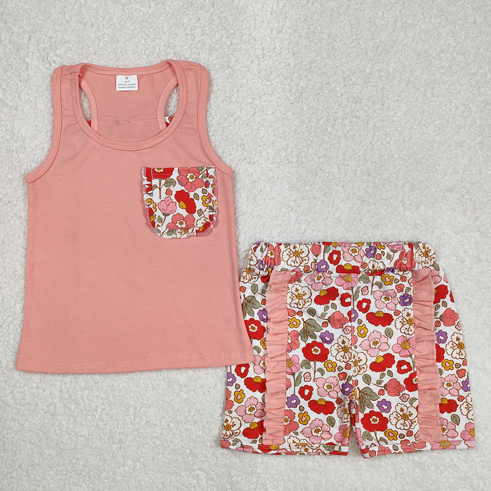 7 Colors Pocket Vest Top Shorts Girls Summer Clothes Set Sisters Wear