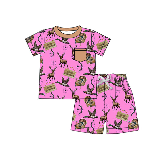 (Pre-order)GSSO1796 GONE HUNTING Pink Print Girls Summer Pajamas Clothes Set