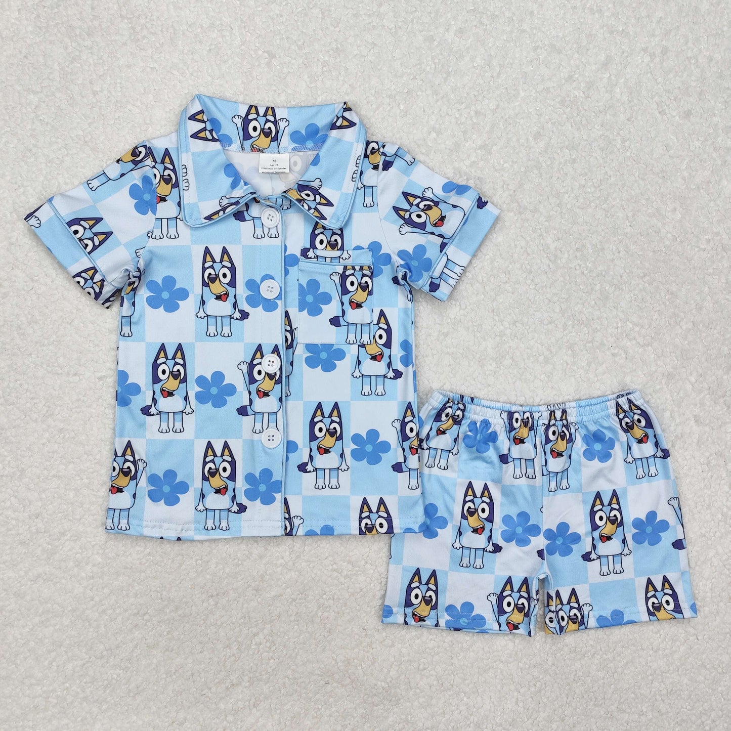 Cartoon Dog Flowers Blue Print Mom and Me Summer Buttons Pajamas Matching Clothes Set