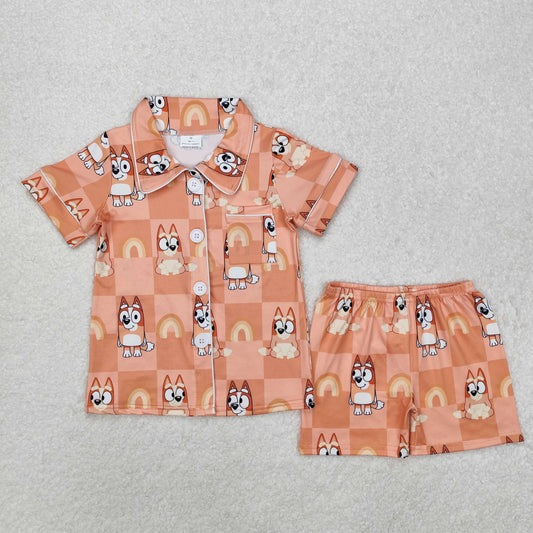 GSSO1801 Cartoon Dog Orange Print Girls Summer Buttons Pajamas Clothes Set