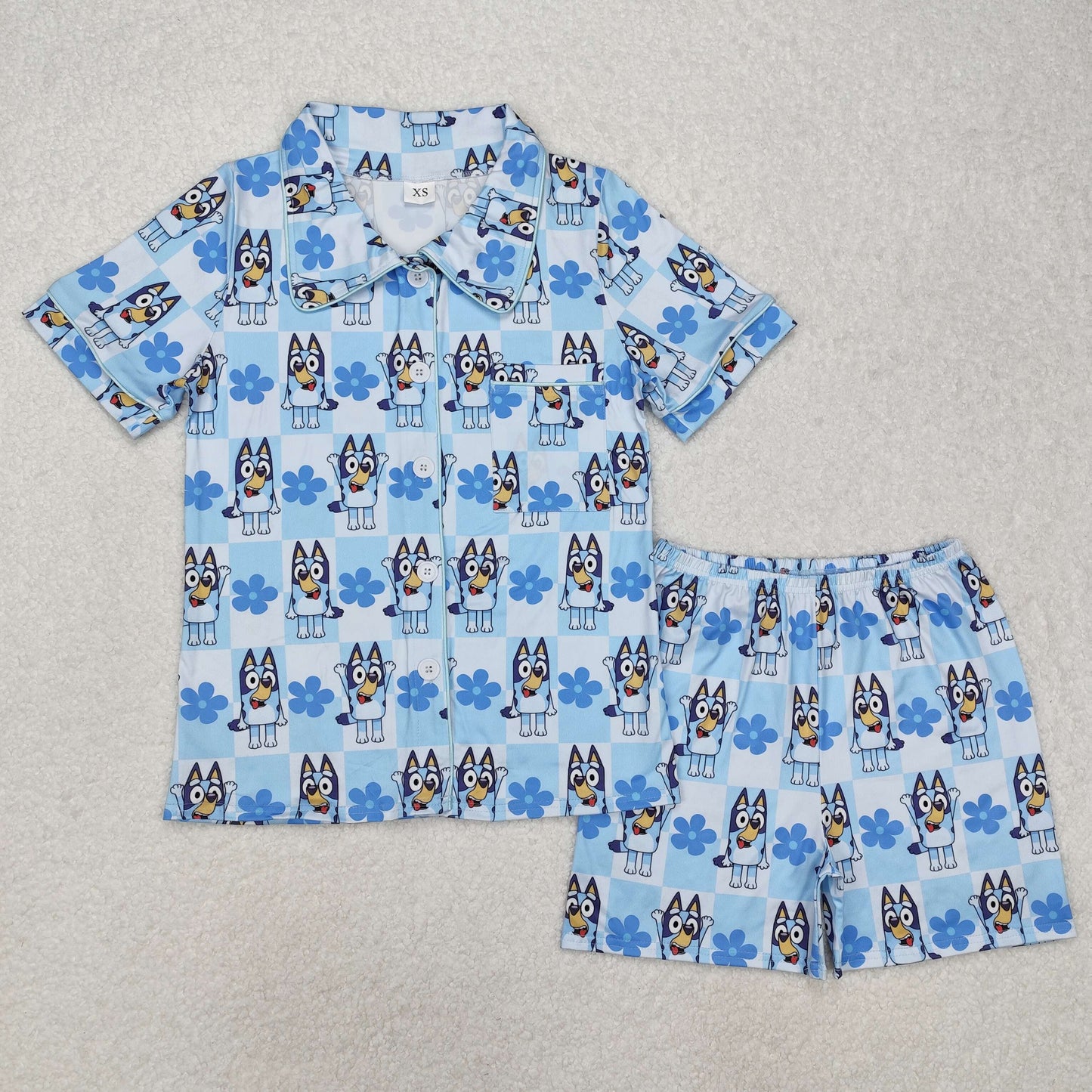 Cartoon Dog Flowers Blue Print Mom and Me Summer Buttons Pajamas Matching Clothes Set