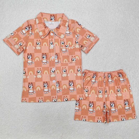 GSSO1804 Adult Cartoon Dog Orange Print Woman Summer Buttons Pajamas Clothes Set