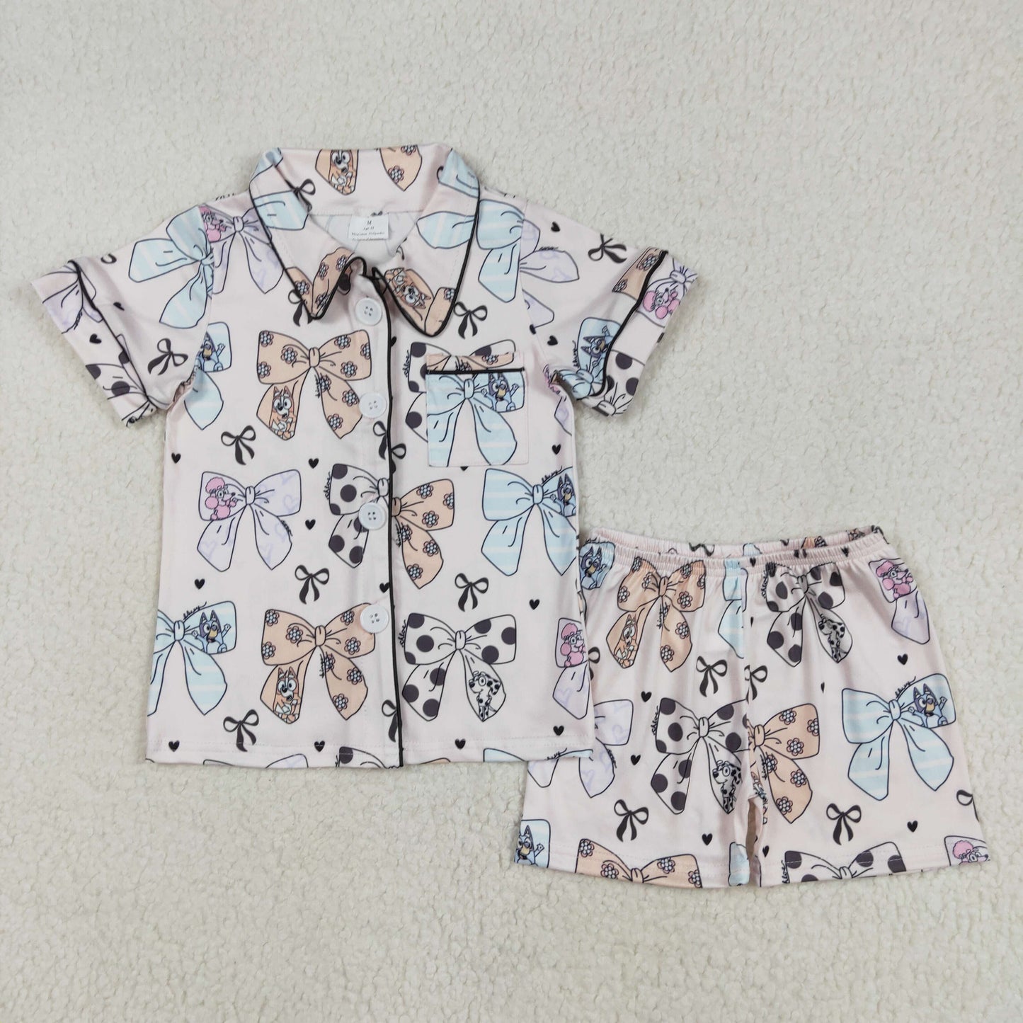 GSSO1810 Cartoon Dog Bows Print Girls Summer Buttons Pajamas Clothes Set