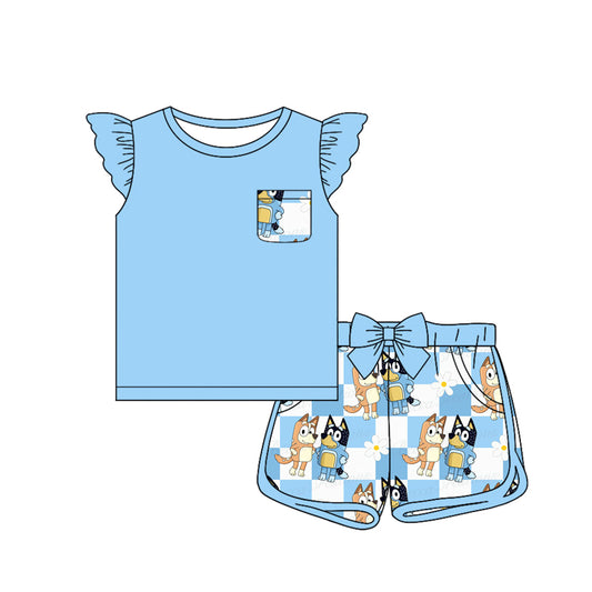 (Pre-order)GSSO1815 Blue Pocket Top Cartoon Dog Shorts Girls Summer Clothes Set