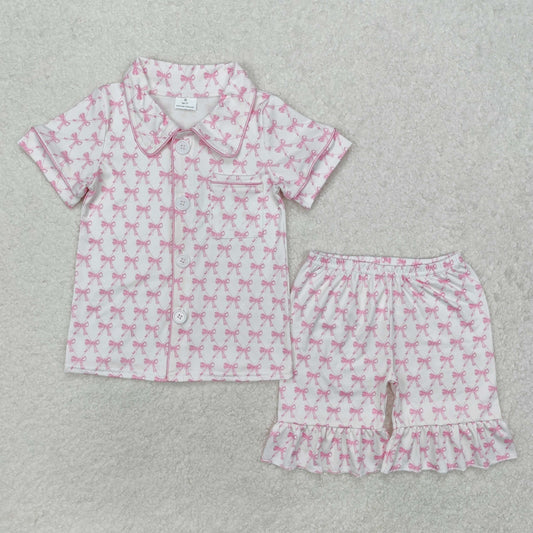 GSSO1820 Pink Bows Print Girls Summer Buttons Pajamas Clothes Set