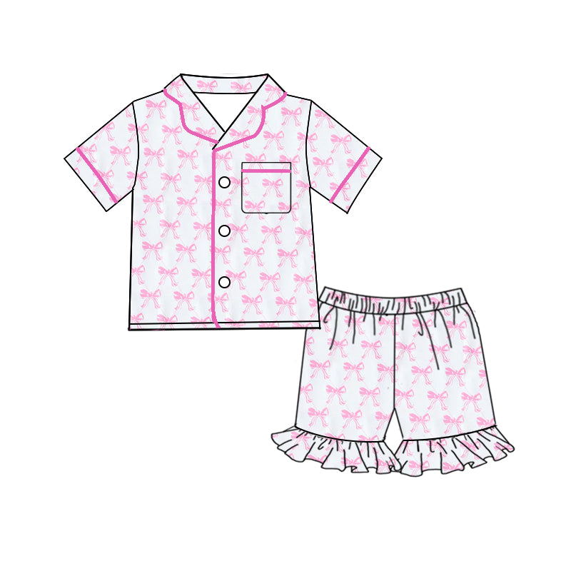 (Pre-order)GSSO1821 Adult Pink Bows Print Woman Summer Buttons Pajamas Clothes Set