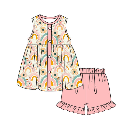 (Pre-order)GSSO1825 Rainbow Flowers Tunic Top Pink Shorts Girls Summer Clothes Set