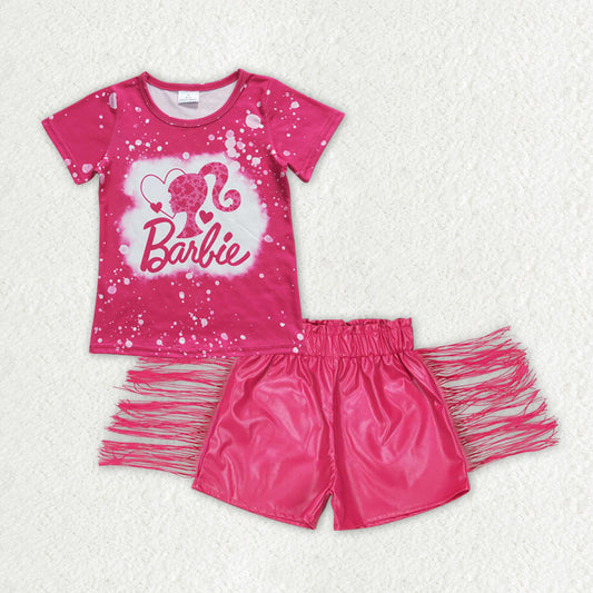 GSSO1826 Pink BA Top Tassel Pleather Shorts Girls Summer Clothes Set