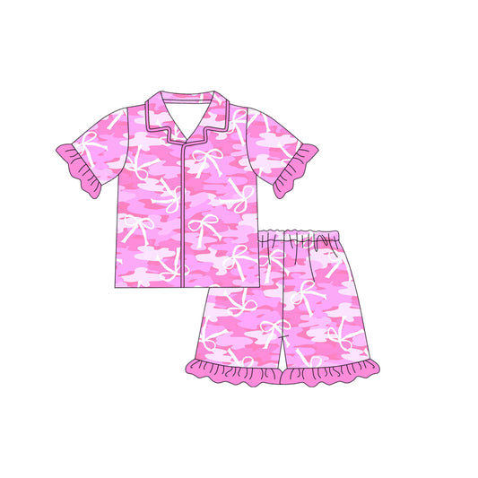 (Pre-order)GSSO1827 Camo Pink Bows Print Girls Summer Buttons Pajamas Clothes Set