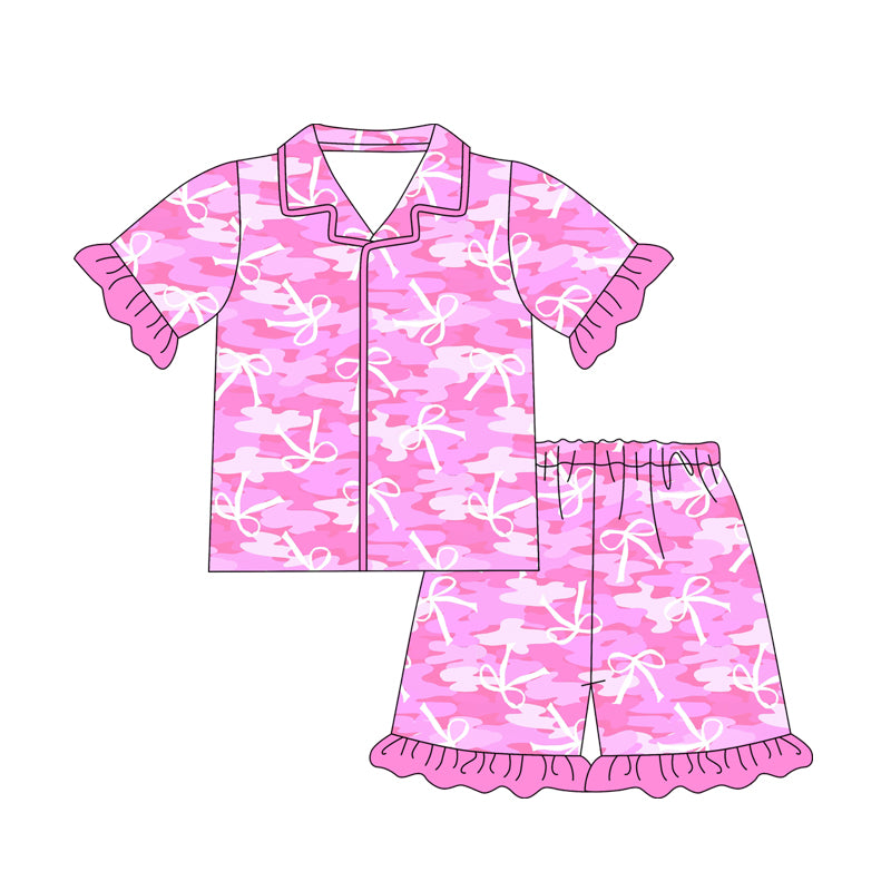 (Pre-order)GSSO1828 Adult Camo Pink Bows Print Woman Summer Buttons Pajamas Clothes Set