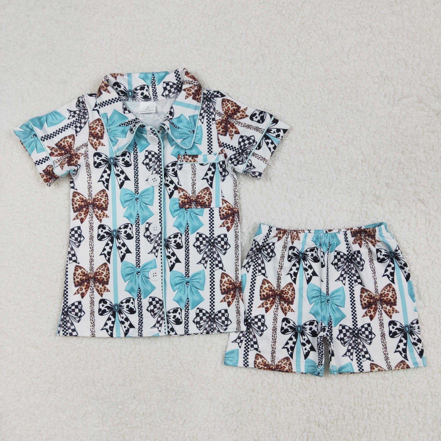 GSSO1858 Bows Print Girls Summer Western Buttons Pajamas Clothes Set