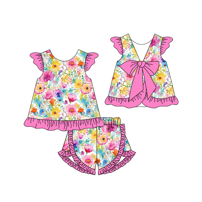 (Pre-order)GSSO1864 Colorful Flowers Print Backless Bow Top Girls Summer Clothes Set