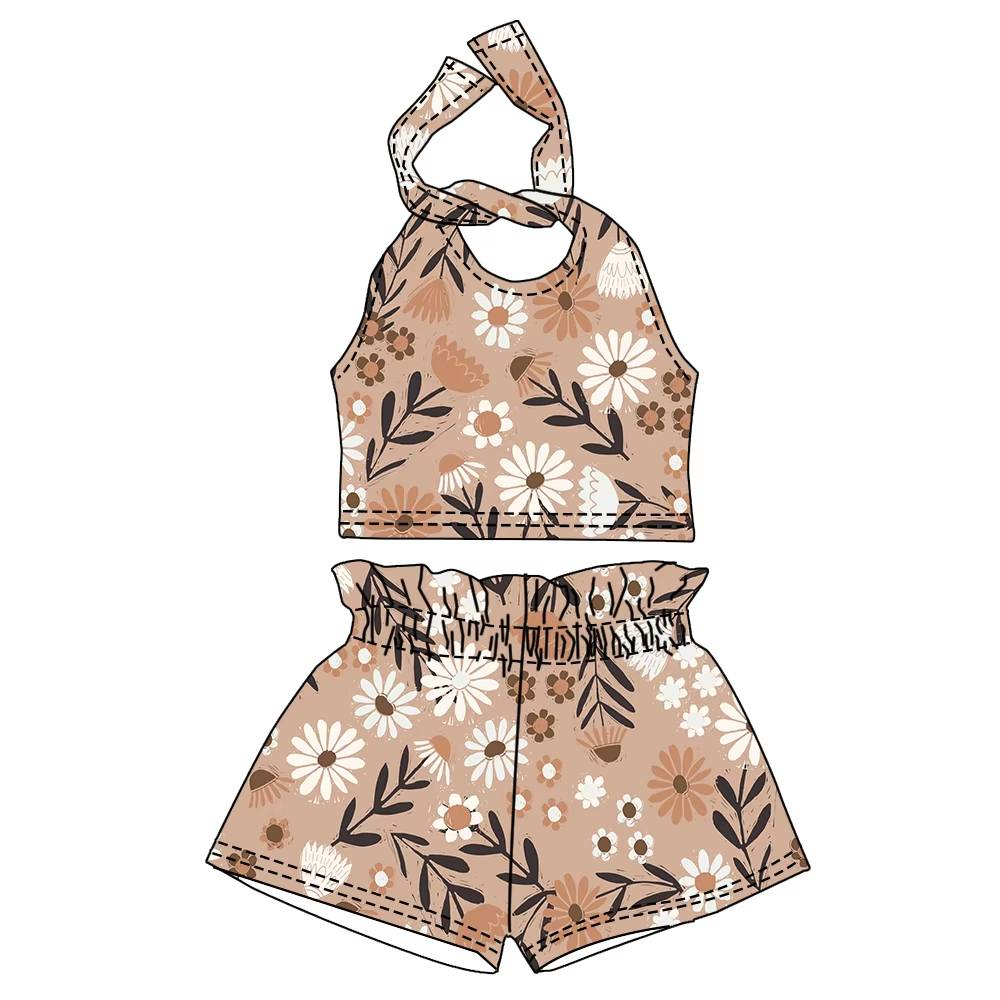 (Pre-order)GSSO1869 Flowers Brown Print Girls Summer Clothes Set