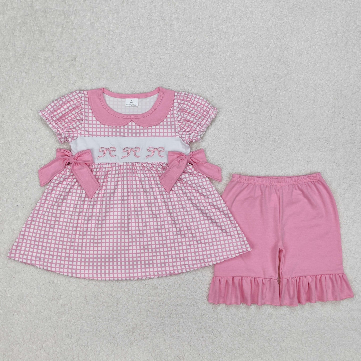 GSSO1879 Bows Embroidery Plaid Tunic Top Pink Shorts Girls Summer Clothes Set