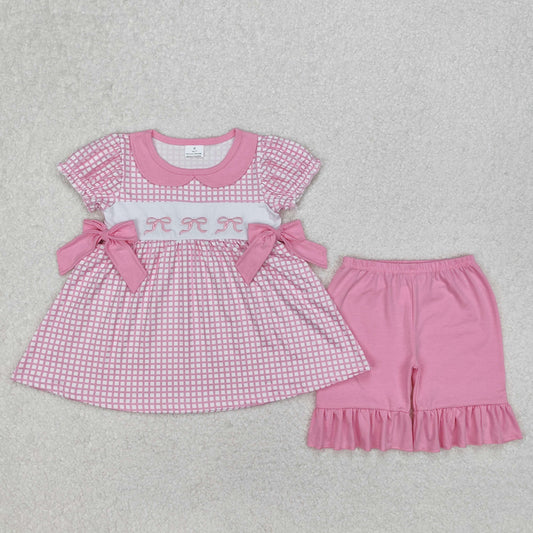 GSSO1879 Bows Embroidery Plaid Tunic Top Pink Shorts Girls Summer Clothes Set