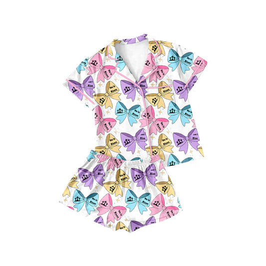 (Pre-order)GSSO1892 He Is Risen Colorful Bows Print Girls Easter Buttons Pajamas Clothes Set