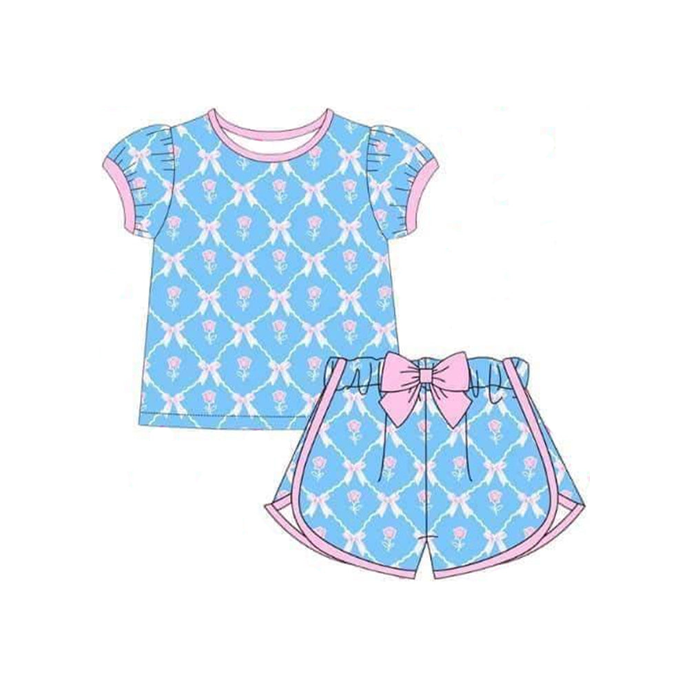 (Pre-order)GSSO1898 Flowers Bows Blue Print Girls Summer Clothes Set