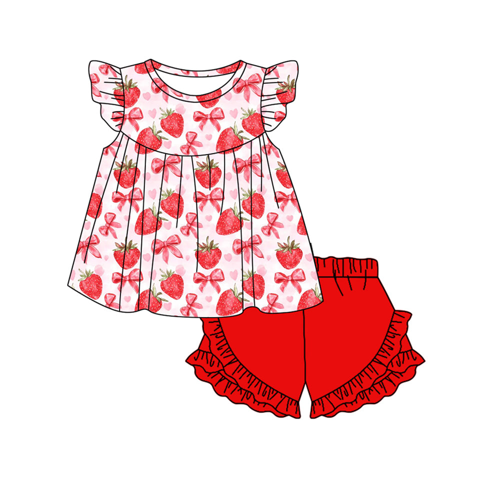 (Pre-order)GSSO1902 Strawberry Bows Tunic Top Red Shorts Girls Summer Clothes Set