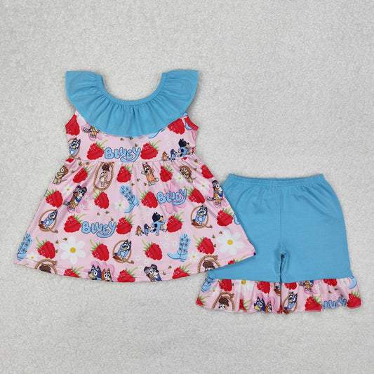 GSSO1904 Cartoon Dog Raspberry Flowers Tunic Top Blue Shorts Girls Summer Clothes Set