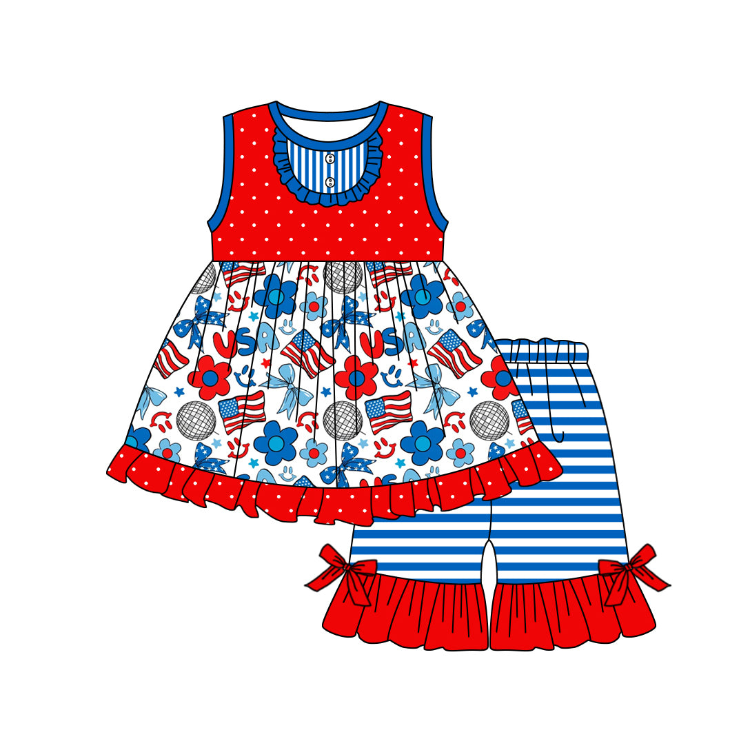 (Pre-order)GSSO1906 Flag Bows Flowers Tunic Top Stripes Shorts Girls 4th of July Clothes Set