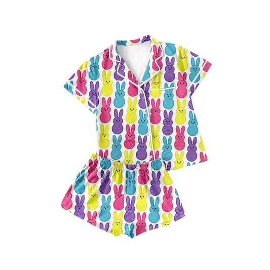 (Pre-order)GSSO1916 Colorful Bunny Print Girls Easter Buttons Pajamas Clothes Set