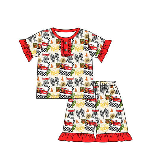 (Pre-order)GSSO1925 Cartoon Cars Print Girls Summer Pajamas Clothes Set