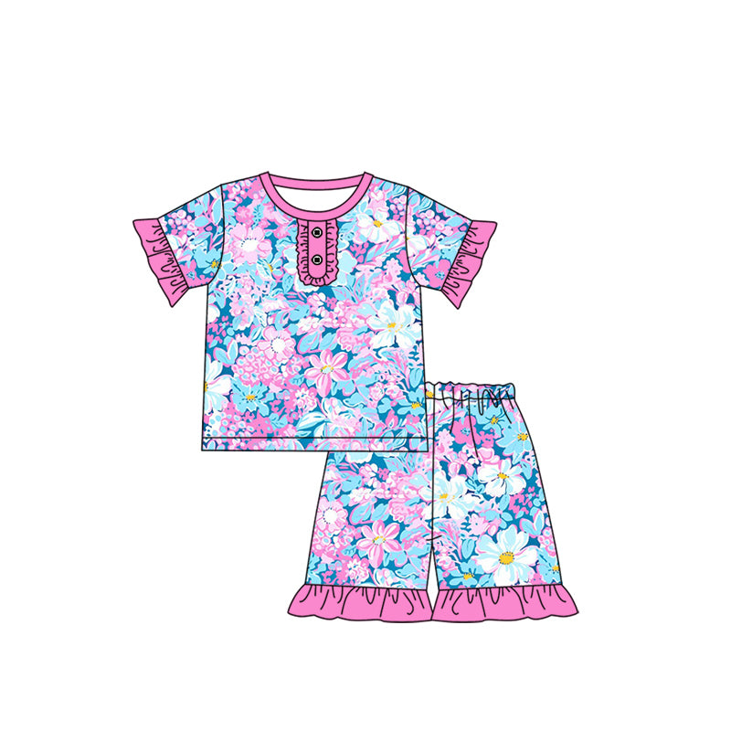 (Pre-order)GSSO1935 Pink Blue Flowers Print Girls Summer Pajamas Clothes Set