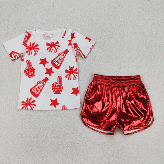 GSSO1937 Cheer Top Red Pocket Pleather Elastic Shorts Girls Summer Clothes Set