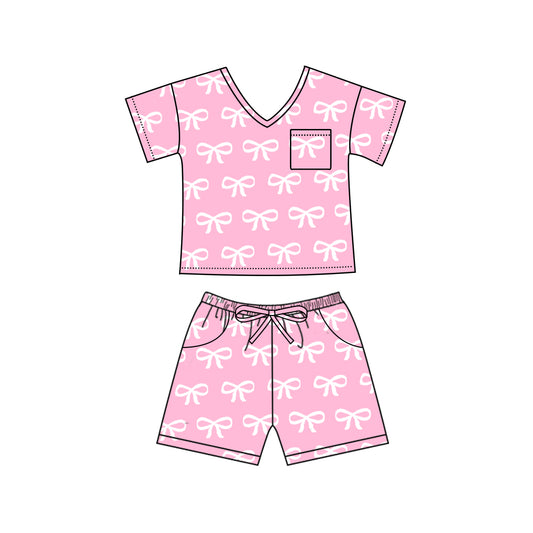 (Pre-order)GSSO1940  Adult Pink Bows Print Woman Summer Pajamas Clothes Set