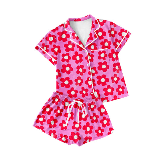 (Pre-order)GSSO1943  Adult Hot Pink Flowers Print Woman Summer Buttons Pajamas Clothes Set