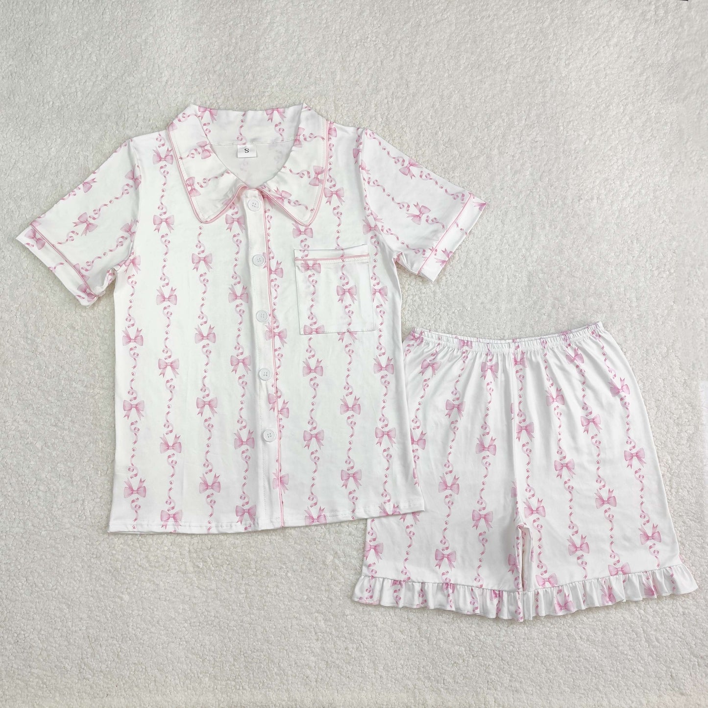 GSSO1944  Adult Pink Bows Print Woman Summer Buttons Pajamas Clothes Set