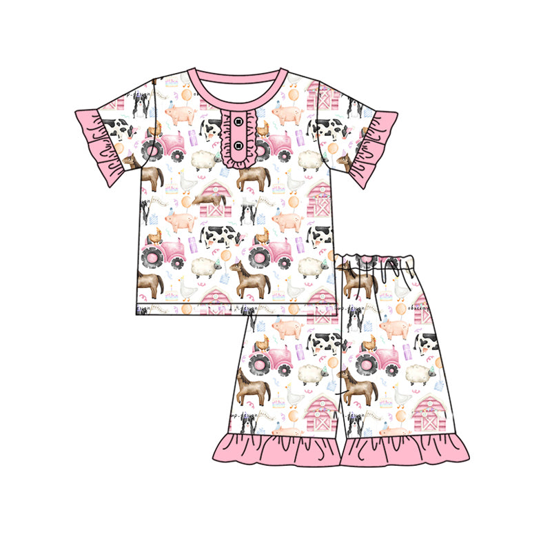 (Pre-order)GSSO1947 Farm Animals Pink Print Girls Summer Pajamas Clothes Set