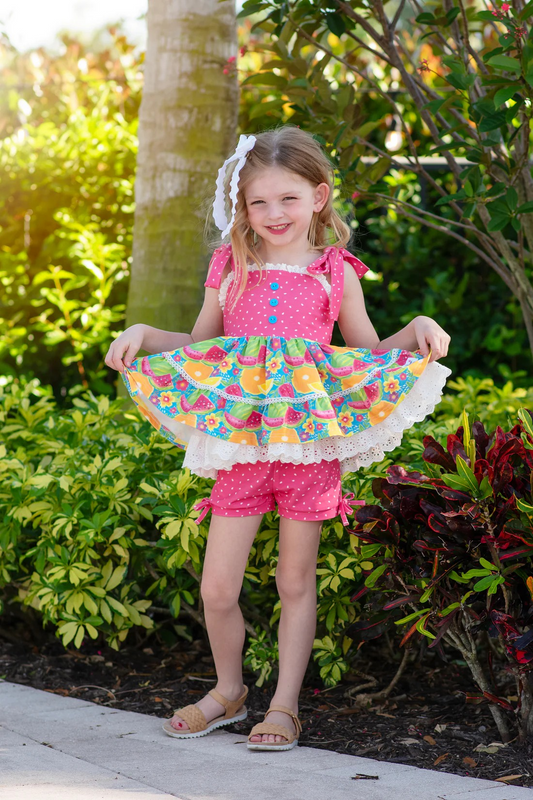 (Pre-order)GSSO1951 Fruits Strap Tunic Top Dots Shorts Girls Summer Clothes Set