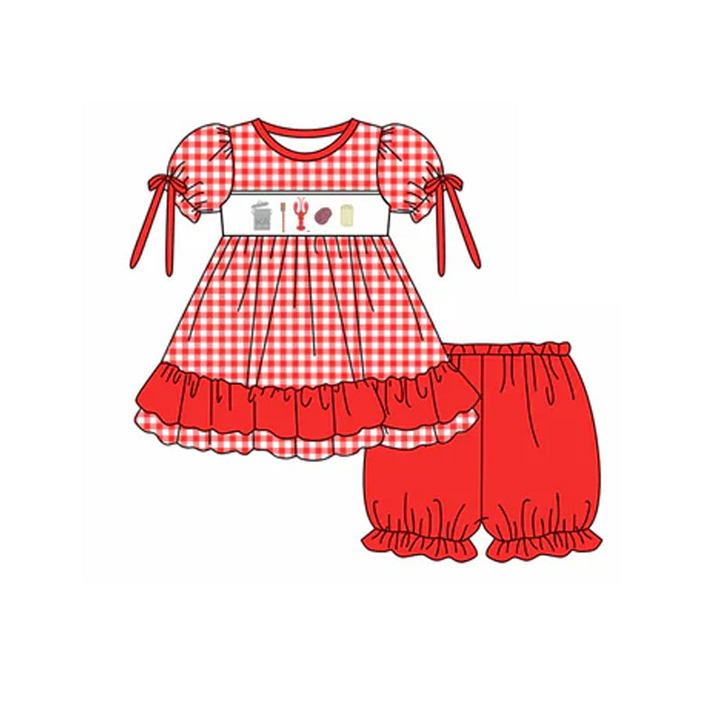 (Pre-order)GSSO1958 Crayfish Plaid Tunic Top Red Shorts Girls Summer Clothes Set
