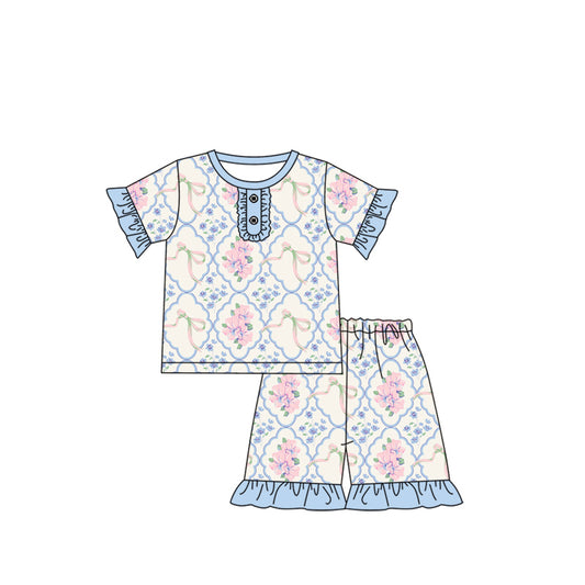 (Pre-order)GSSO1963 Blue Pink Flowers Print Girls Summer Pajamas Clothes Set