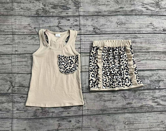 (Pre-order)GSSO1979 Khaki Pocket Vest Top Leopard Shorts Girls Summer Clothes Set