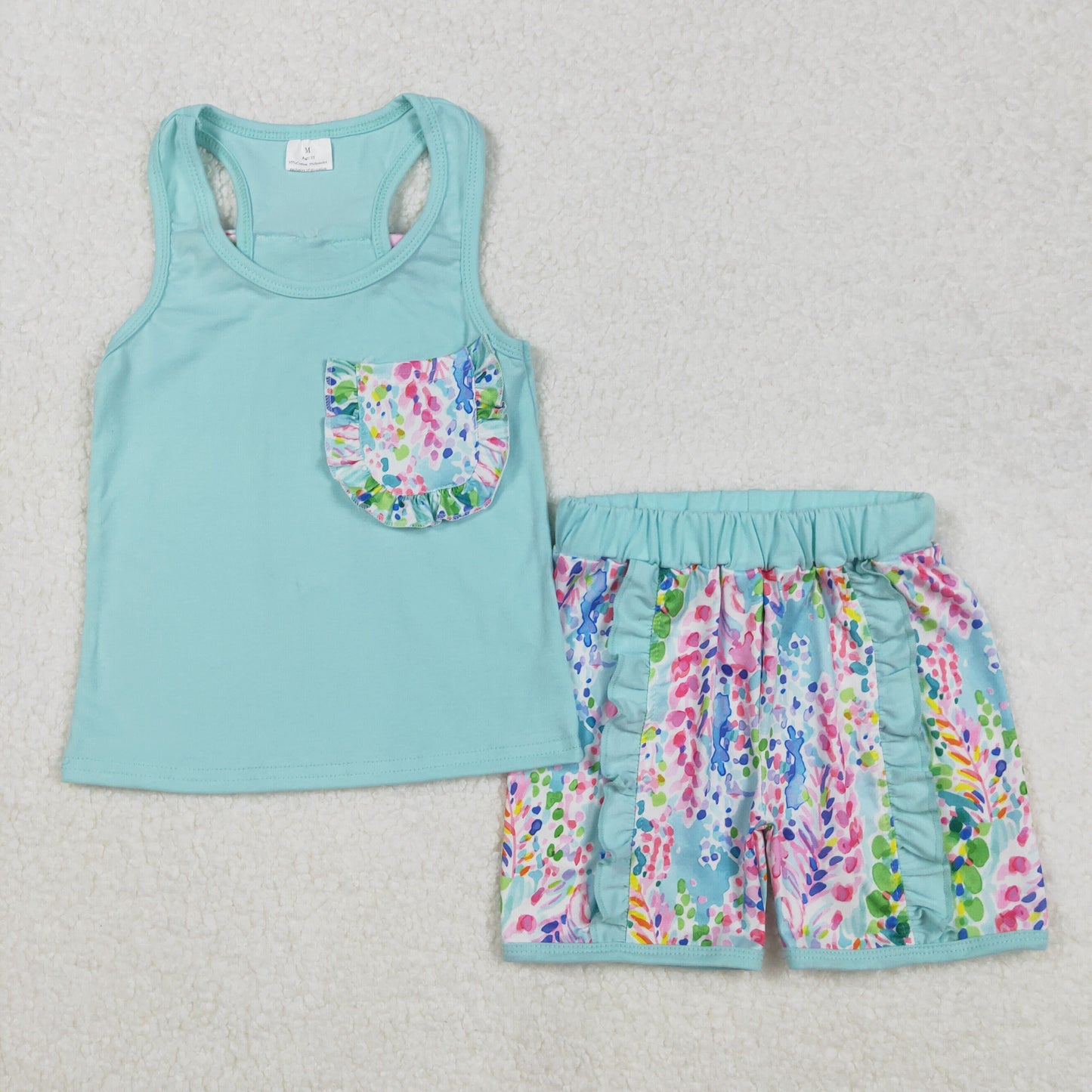 7 Colors Pocket Vest Top Shorts Girls Summer Clothes Set Sisters Wear