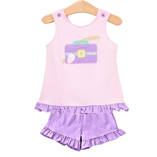(Pre-order)GSSO1987  Fishing Box Stripes Top Purple Shorts Girls Summer Clothes Set