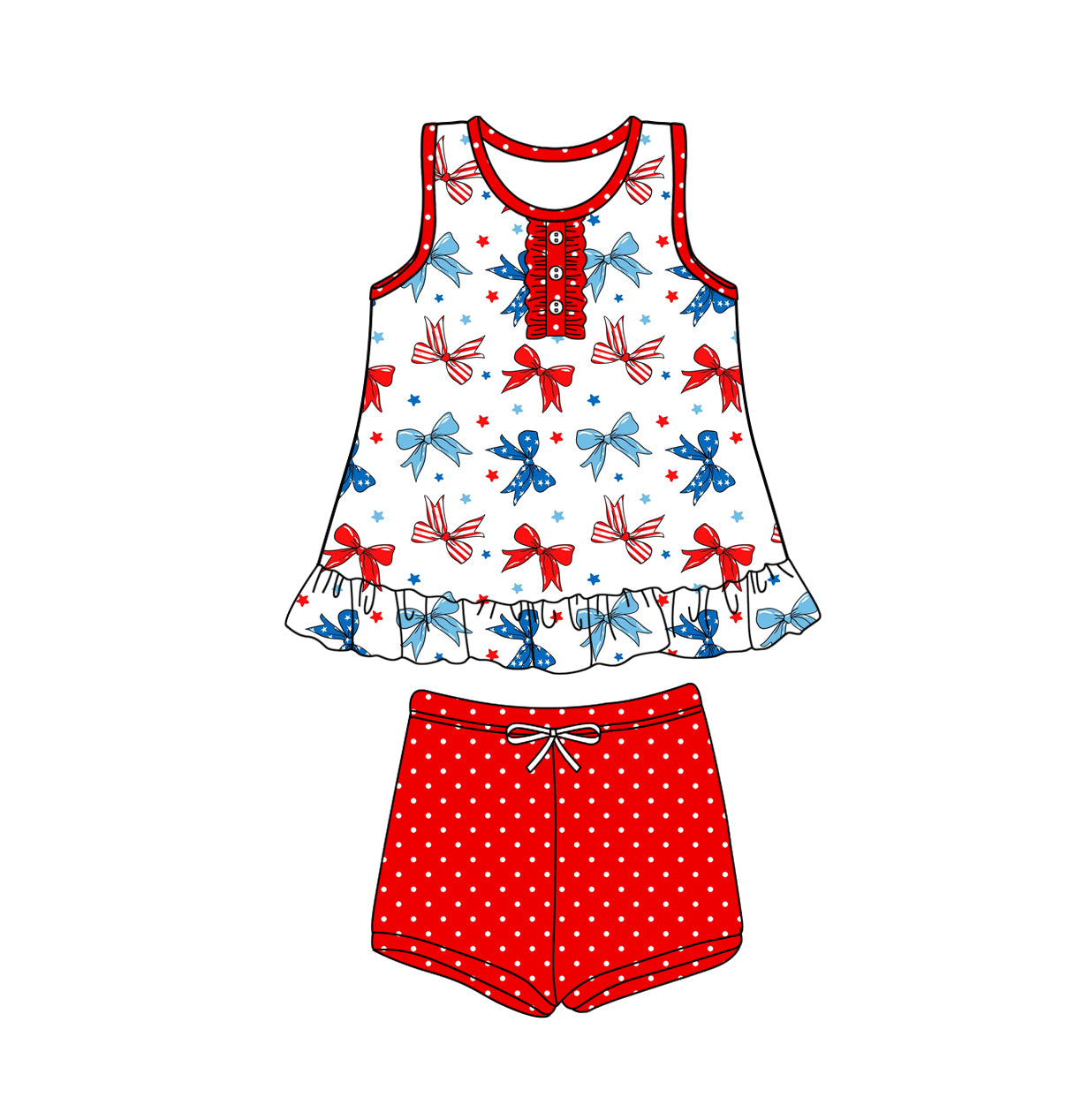 (Pre-order)GSSO1991  Red Blue Bows Sleeveless Top Dots Shorts Girls 4th of July Clothes Set