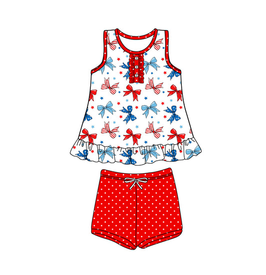 (Pre-order)GSSO1991  Red Blue Bows Sleeveless Top Dots Shorts Girls 4th of July Clothes Set