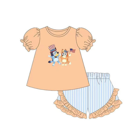 (Pre-order)GSSO1995 Cartoon Dog Flag Top Stripes Shorts Girls 4th of July Clothes Set