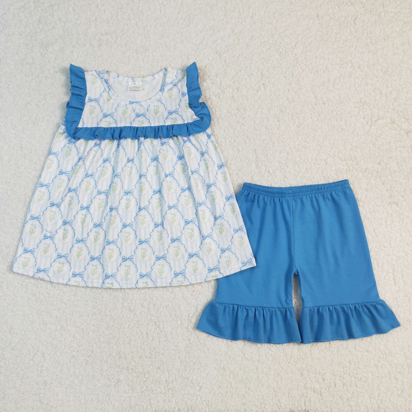 GSSO2004 Flowers Bows Tunic Top Blue Shorts Girls Summer Clothes Set