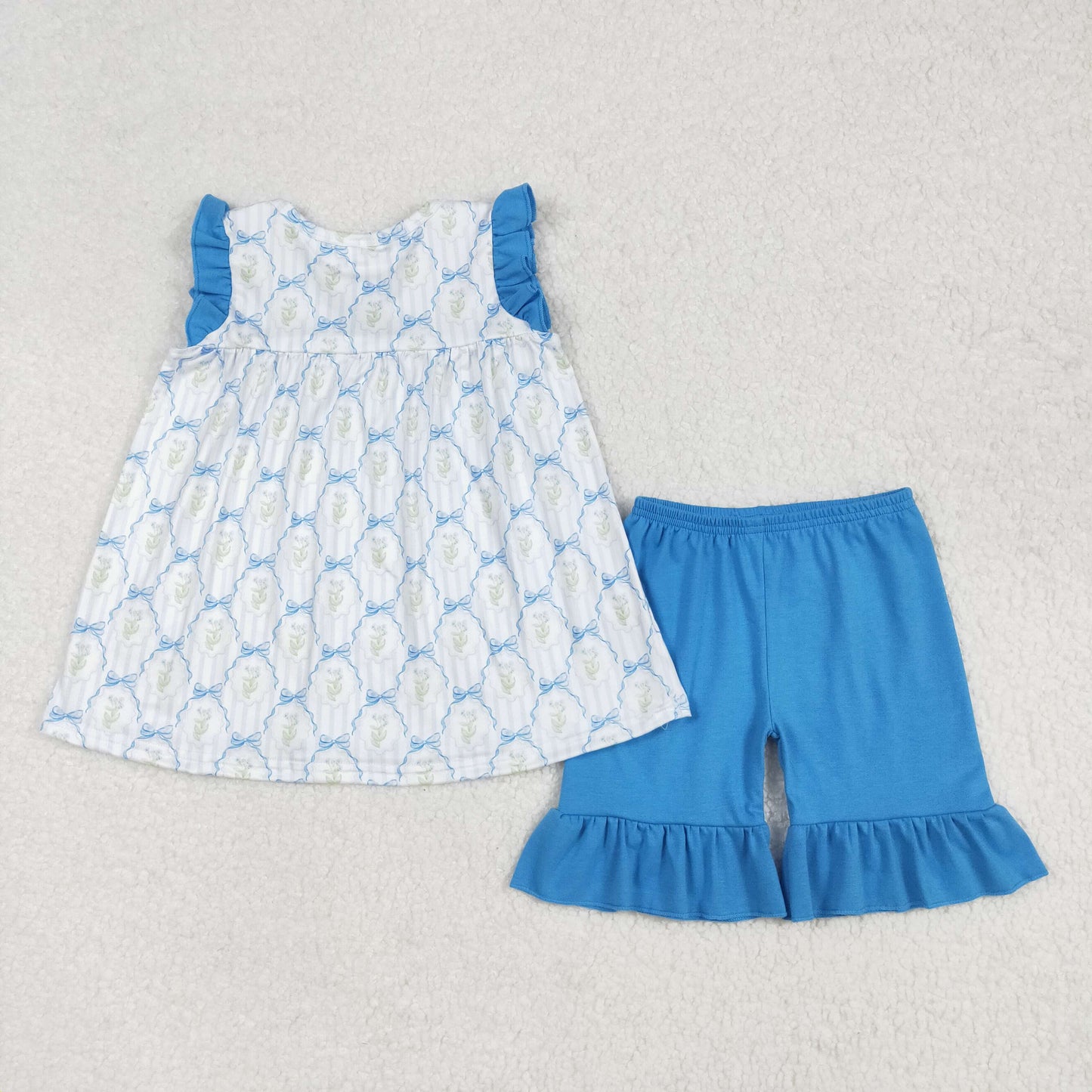 GSSO2004 Flowers Bows Tunic Top Blue Shorts Girls Summer Clothes Set