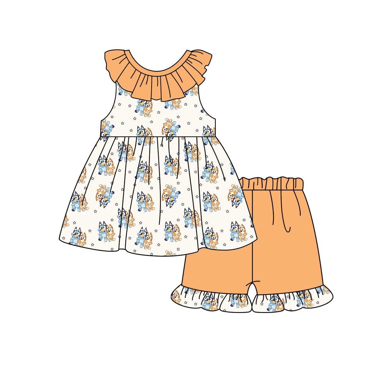 (Pre-order)GSSO2008 Cartoon Dog Tunic Top Orange Shorts Girls Summer Clothes Set