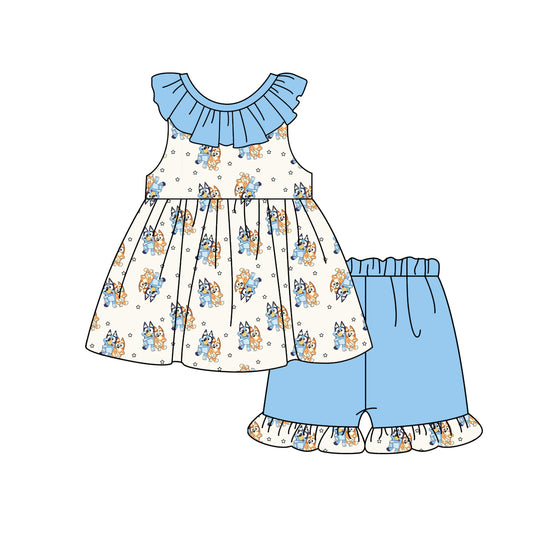 (Pre-order)GSSO2009 Cartoon Dog Tunic Top Blue Shorts Girls Summer Clothes Set