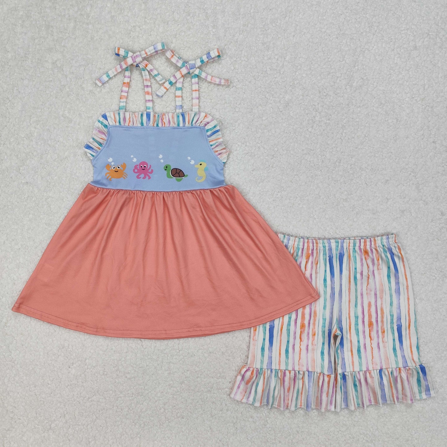 Crab Seahorse Turtle Top Stripes Shorts Kids Summer Clothes Sibling Wear