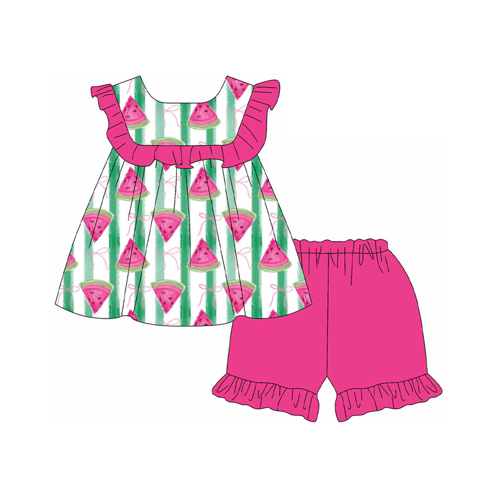 (Pre-order)GSSO2024  Watermelon Bows Tunic Top Hot Pink Shorts Girls Summer Clothes Set